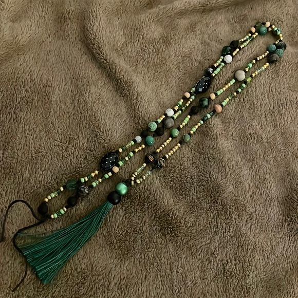 Handmade Artisan Upcycled Long Boho Hemp Beaded Tassel Necklace Green & Black - Picture 2 of 4